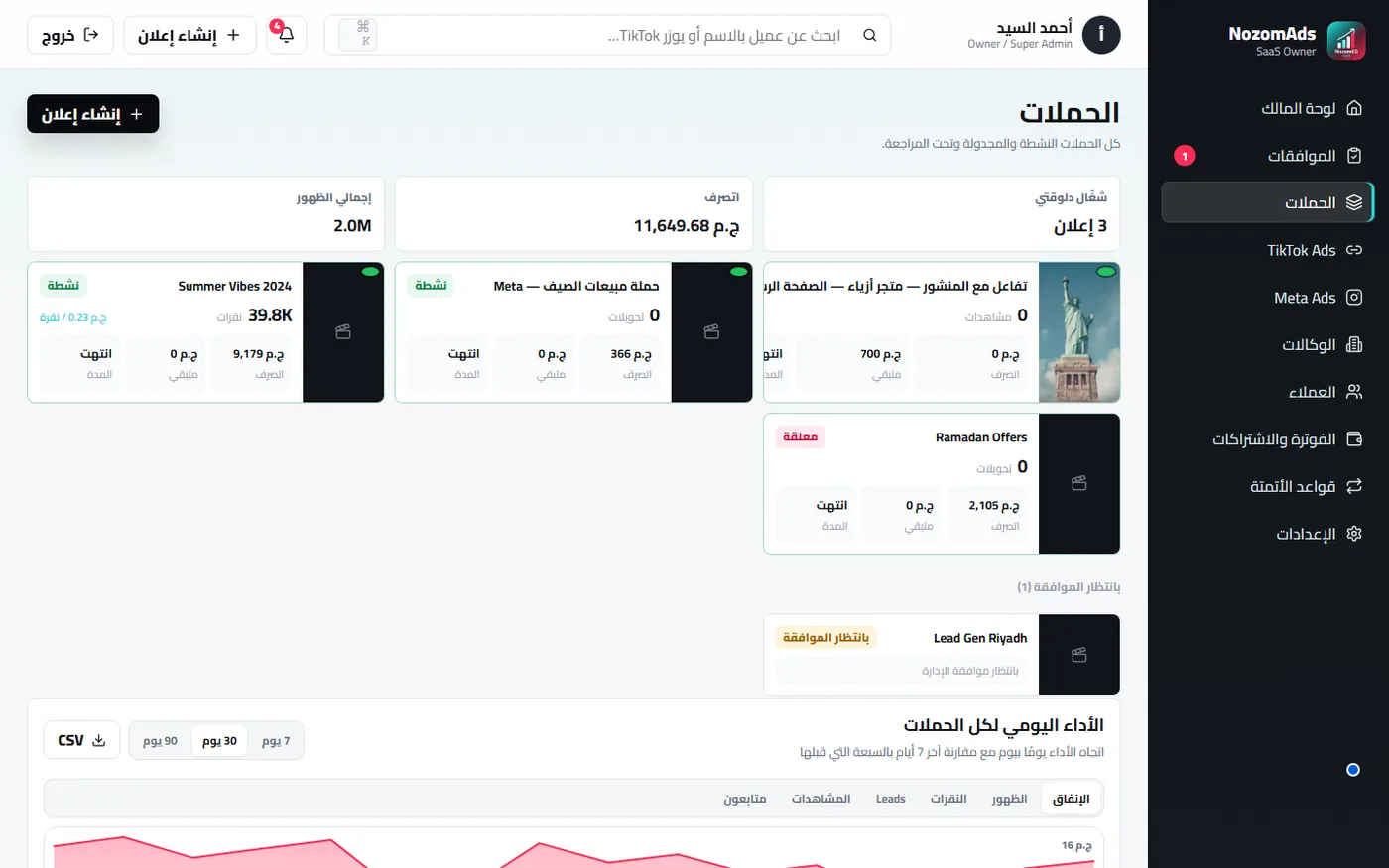 NozomAds — منصة إدارة الحملات الإعلانية — شاشة 1